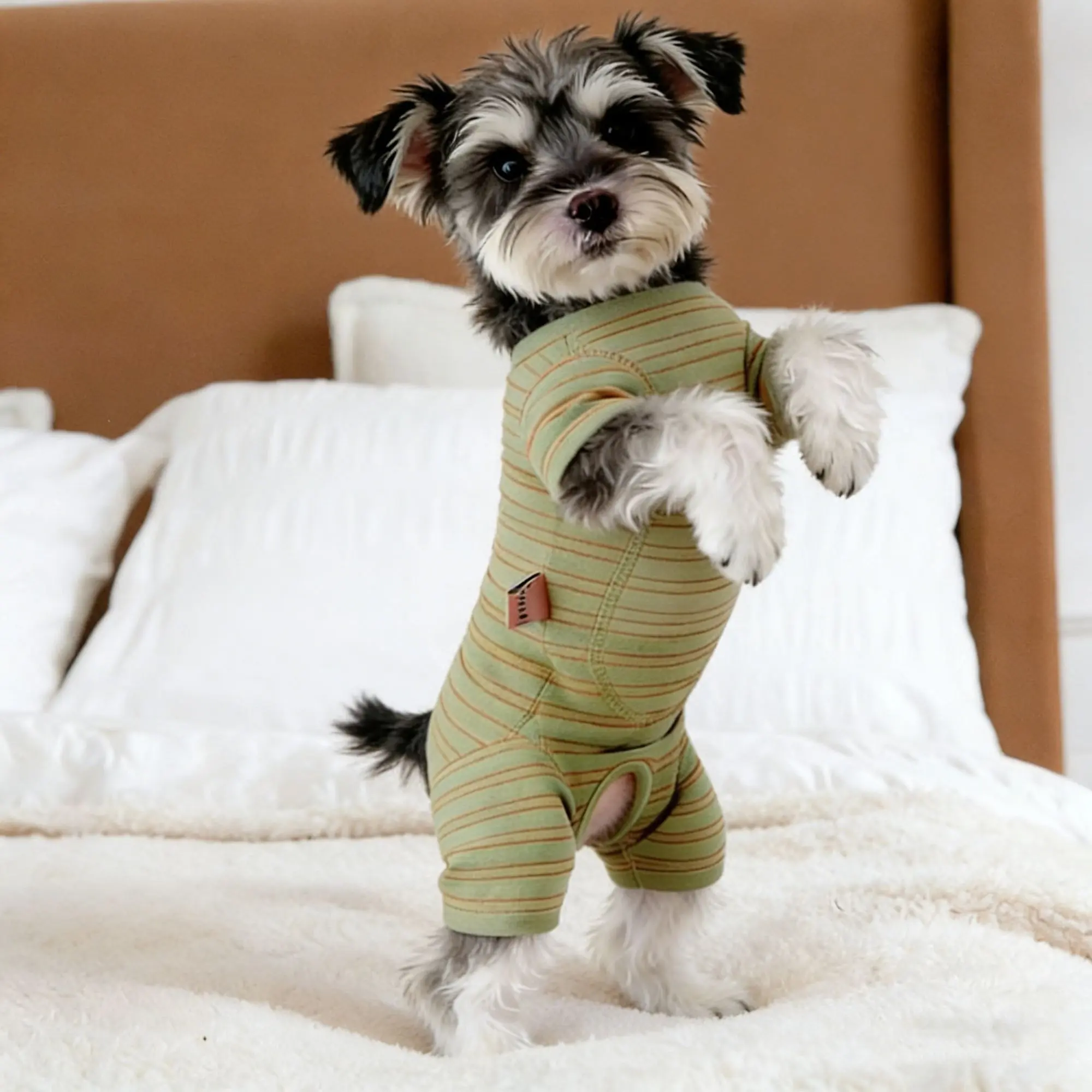 Green Striped Polyester 4-Legged Dog Belly Wrap Pajamas - Soft, Everyday 1-Piece Recovery Suit with Wound Protection for Small Dogs (Yorkie, Bichon) Pet Home Clothing, One-Piece
