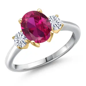 Gem Stone King 925 Silver and 10K Yellow Gold Red Created Ruby and White Moissanite Engagement Ring For Women | 2.46 Cttw | Oval 9X7MM | Gemstone July Birthstone