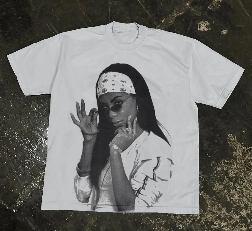 Aaliyah Portrait Print Short Sleeve T-Shirt: Timeless Tribute to an Iconic Star Classic Cotton vintage  graphic campingessentials