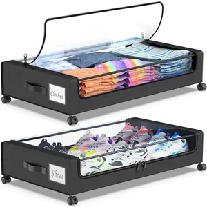 Under Bed Storage with Wheels, 2-Pack Under Bed Storage Containers with Clear Lids, XXL 60L Under Bed Shoe Storage Organizer, Rolling Underbed Storage for Clothes, Shoes, Blankets (Black)
