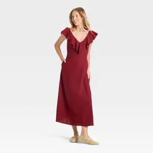 Universal Thread Women's Chic Solid Rayon Casual Wear A-Line Maxi Dress with Pocket, Ruffle Sleeves