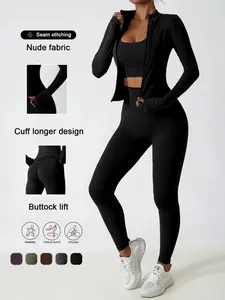 Women's Yoga Zipper Jacket & Long Pants Set, Tracksuit Set, Gym Exercise Activewear, Slim Fit Breathable Fabric, High-Waisted Sporty Style, Ideal for Gym Running Training, Solid Tracksuit Set