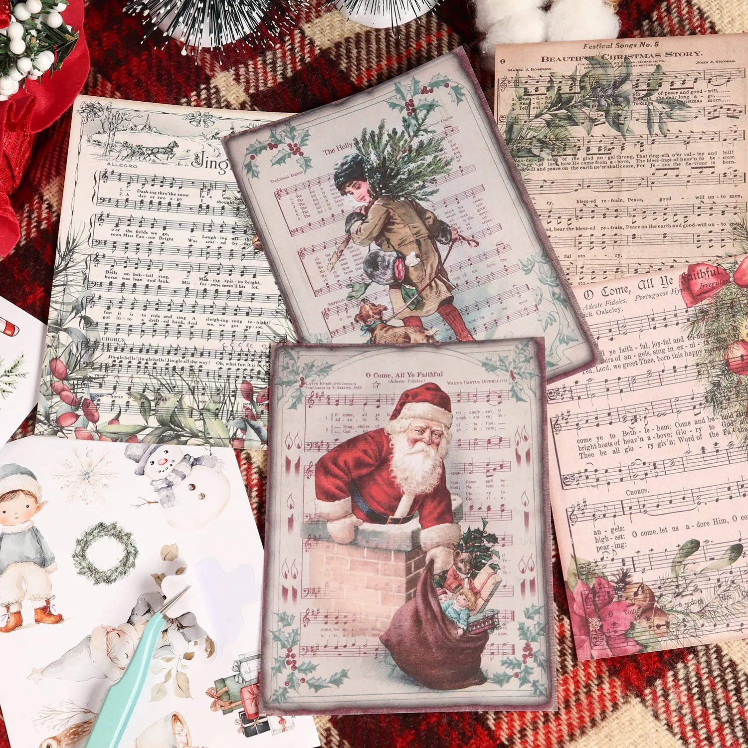 Vintage Music Christmas Scrapbook Accessories Art Craft Paper Pack, 64 Pieces (32 Papers & 32 Stickers), Ideal for Scrapbooking, Crafting, Journaling, DIY Gifts, Junk Journaling Supplies