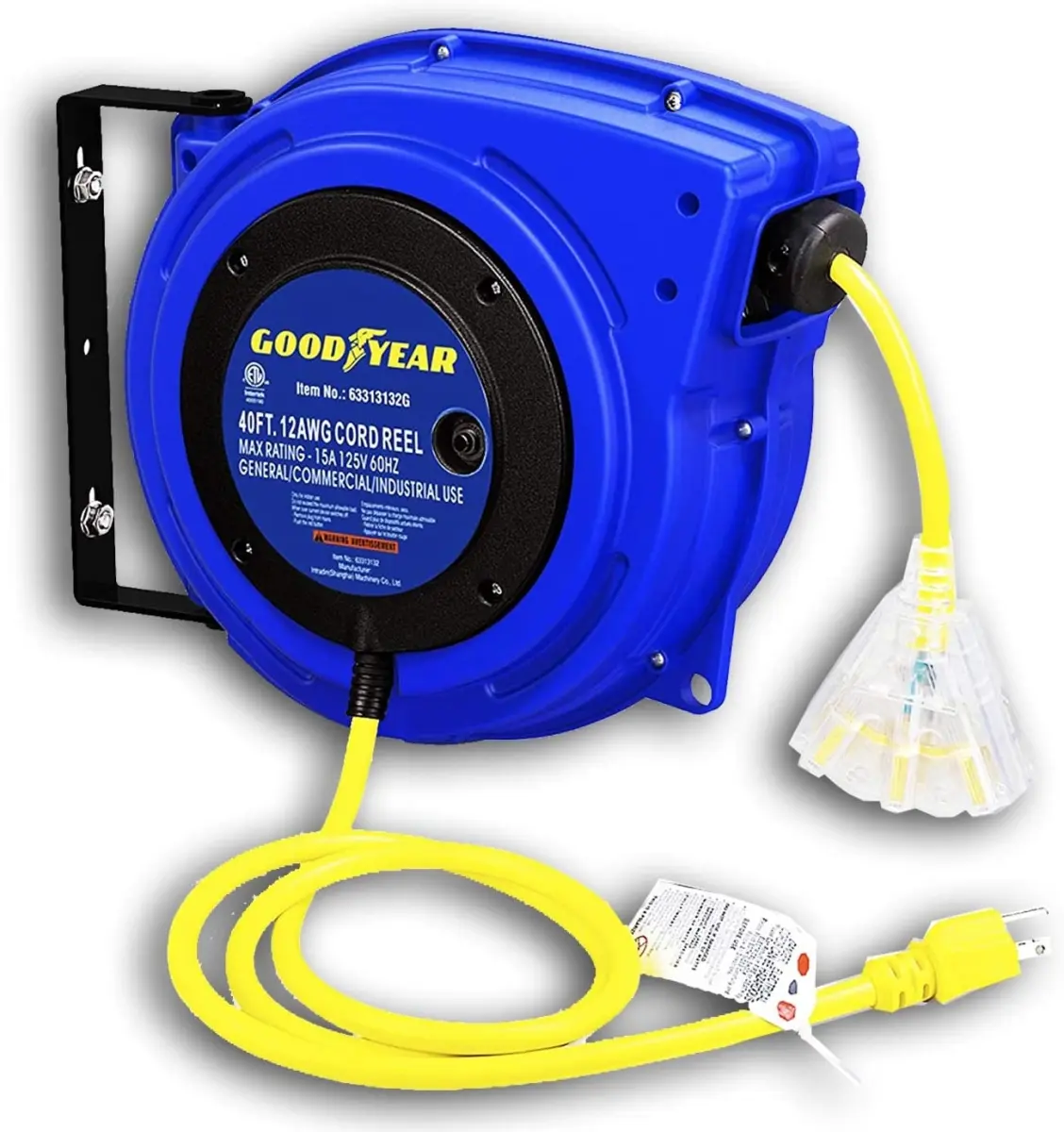 212 MAIN Goodyear TRI-63313132G Retractable Wire Extension Cord Reel - 40 ft Polypropylene, 15A, 125VAC, 13 lbs, 2 Non-Snag Rollers, Triple Tap, LED Light, All-Weather Indoor/Outdoor DIY Use