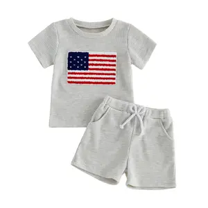 4th of July Baby Boy Outfit USA Flag Embroidery Stripe Waffle Knit Short Sleeve T-Shirt Tops and Elastic Shorts Set Toddler Boy Summer Patriotic Clothes