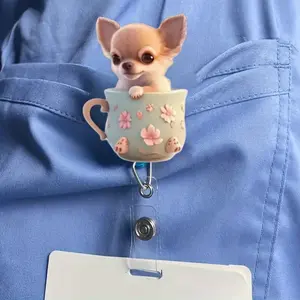 1pc Flat Cute Chihuahua Adjustable Badge Reel - Acrylic (PMMA) Name Tag Holder with Floral Cup Design, Rich Expressions, Durable and Lightweight, Suitable for Veterinarians, Nurses, Pet Enthusiasts - Baby Graduates, Veterinary Technicians, Pet Groomers
