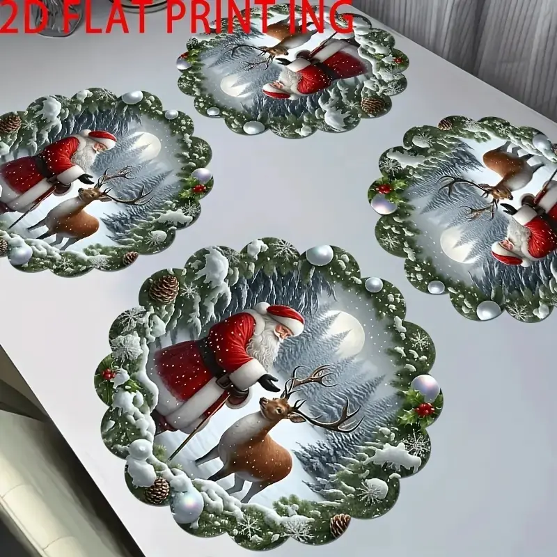 4pcs/1set Classic Santa Reindeer Snowman 2D Flat Placemat Set, Holiday Snow Scene Table Decor, Family and Party Christmas Table Mats, Holiday Placemats