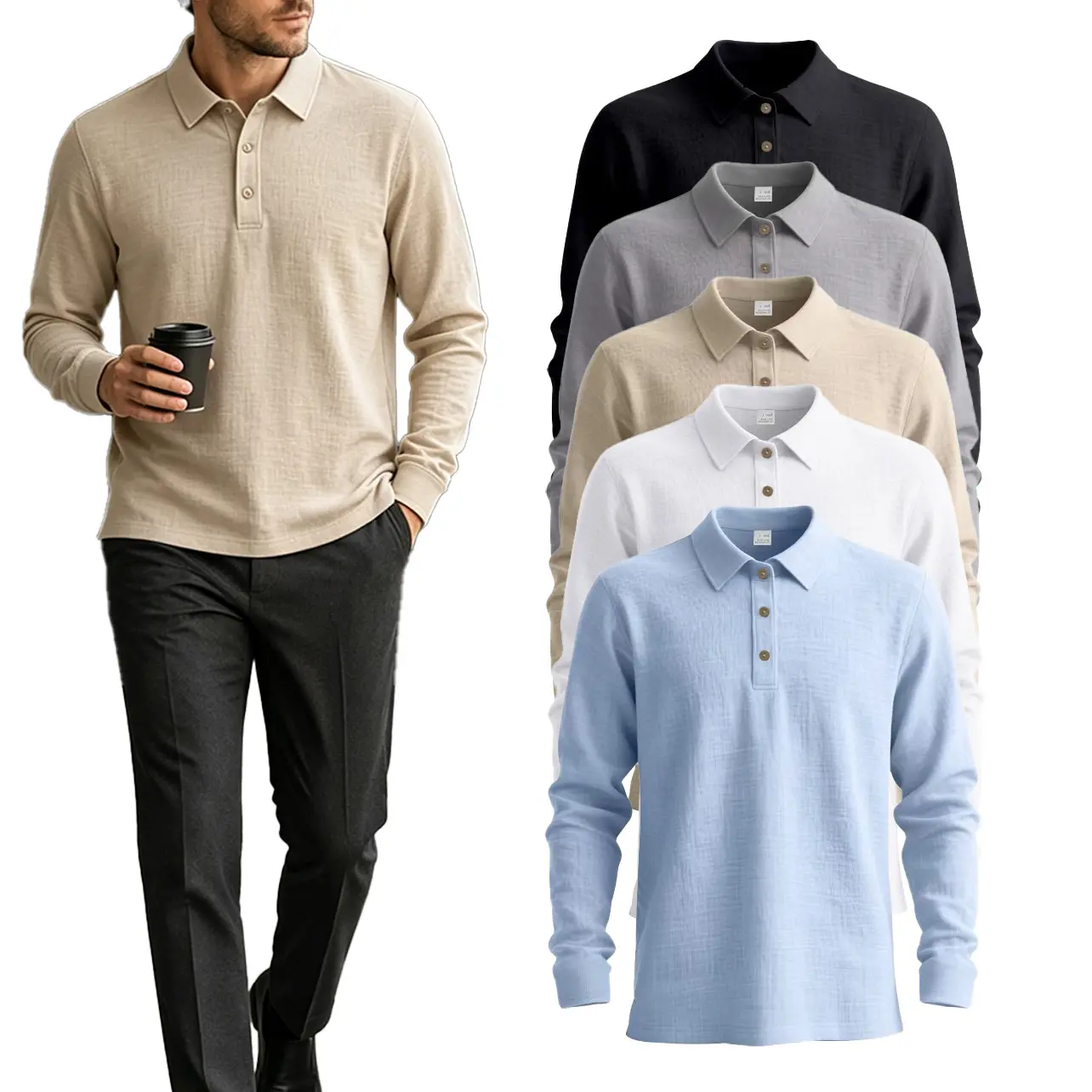 Men’s premium long-sleeve polo shirt — casual yet professional, solid color, suitable for everyday wear,back to school,back to school shopping