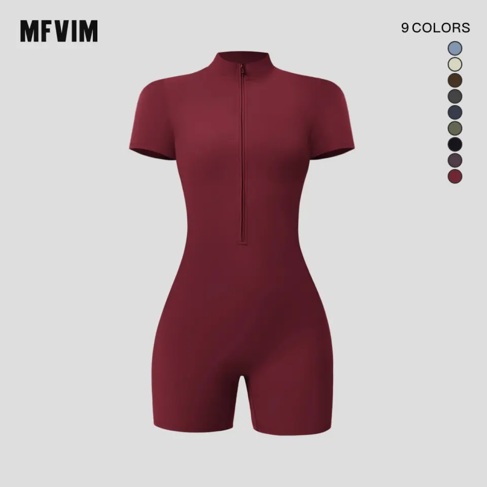 Sporty Women’s Solid Color Zip-Up Half Placket Mock Neck Sports Skinny Tummy Control Romper, Casual Sport Quick-Dry Short-Sleeve Bodycon Romper for Yoga, Gym, Workouts, Running, Summer Outfits 2025,travel essentials,camping essentials