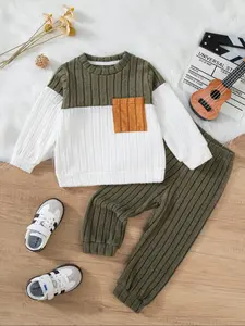 Toddler Boys Knitted 2Pcs Sets Splicing Color Pocket Round Neck Long Sleeve T-shirt+Legged Pants Set Grid Elasticity, Cute, Soft Autumn and Winter Kids Clothing, Cozy, Festival Gifts, Holiday Outing Wear, Baby Boy Clothes, Outfit