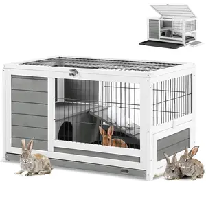 Rabbit Hutch with Deeper No Leak Tray & Run, 35.4’’ Pet House for Small Animals Rabbit Cage Guinea Pig House Bunny Hutch Indoor & Outdoor