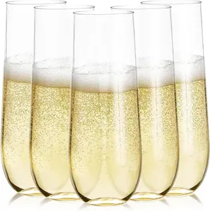 24pk (Regular) Stemless Plastic Champagne Flutes - 9 Oz, Clear Disposable Wine Glasses, Cocktail Glasses