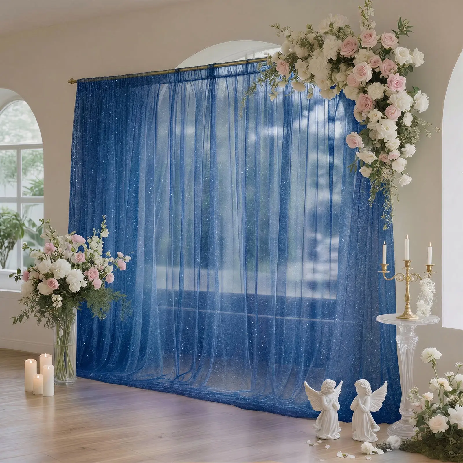 Navy Blue Sheer Backdrop Curtain Panel (10ft×10ft), Plain Fabric Festive Backdrops & Banners, Wedding Arch Drape with Rod Pocket