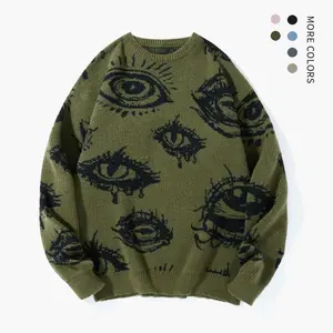 Unisex crewneck sweater with eye print, regular fit, casual long sleeves, knit pullover graphic top for autumn and winter daily wear and a stylish piece to pair with classic jeans — grey jumper knitwear