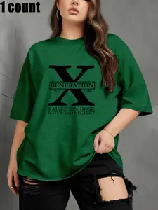 [Plus Size]Women's Plus Size Letter-Printed Round Neck Loose Baggy Oversize T-Shirt, Casual Short-Sleeve Womenswear Top for Daily Outdoor Wear