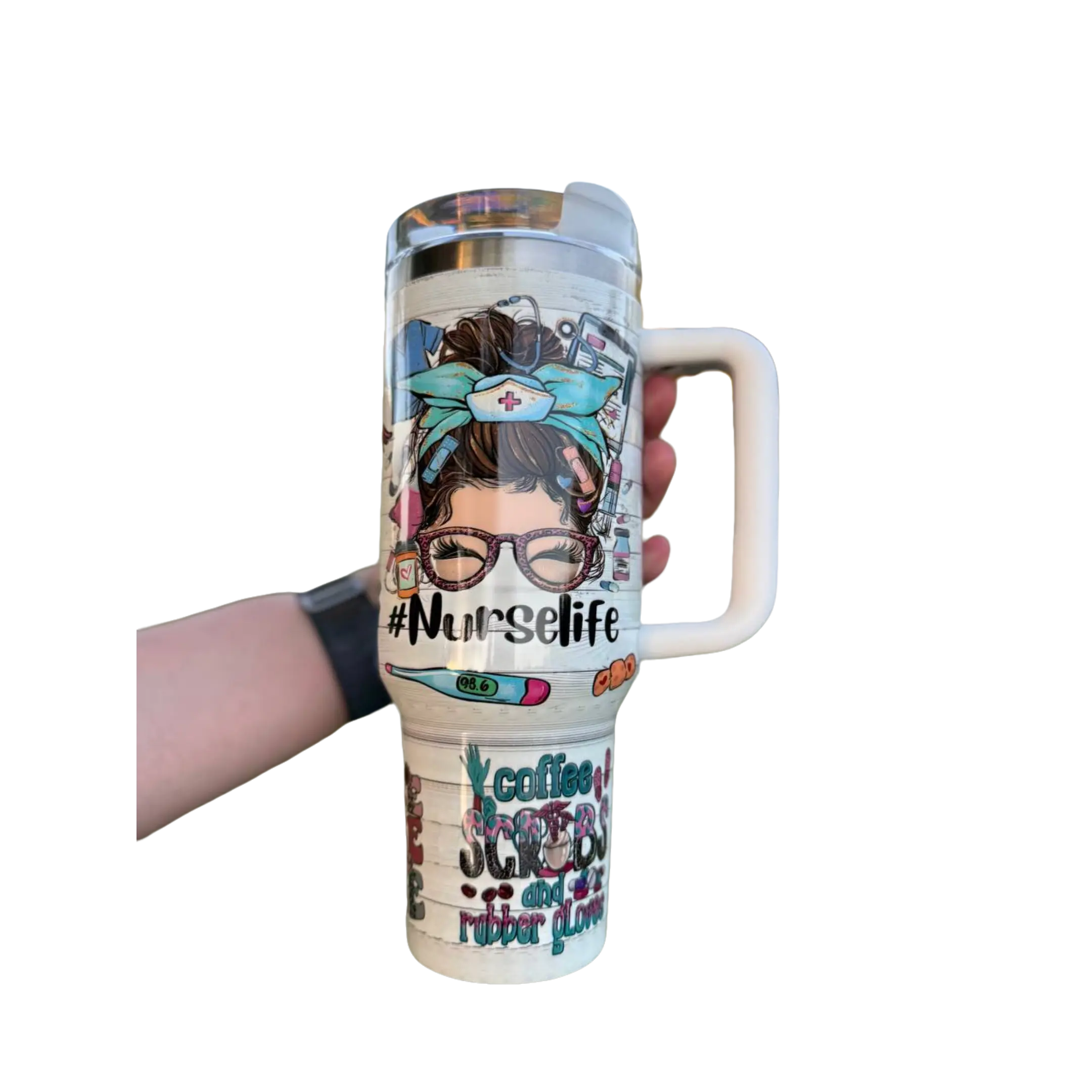 Nurse Life 40oz Insulated Tumbler with Handle | Nurse Gift Travel Mug | RN Coffee Cup