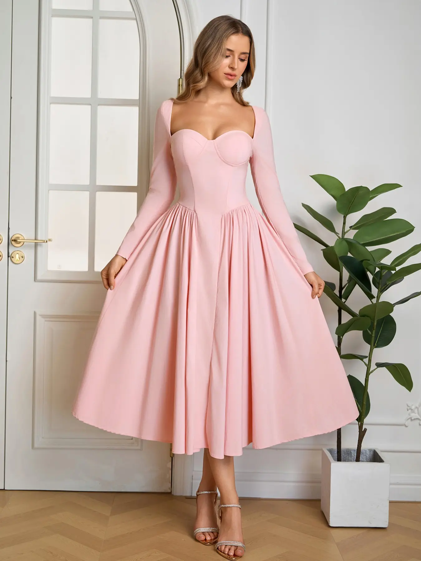 Backless Tie Waist A-Line Long Sleeve Dress, Elegant Classy Flattering Fashion Chic Comfortable Fit Midi Dress, Perfect for Weddings and Parties, Solid Color Design, Garden Formal Dresses For Wedding Guest, Summer Wedding Guest Dresses, Wedding Guest Gown