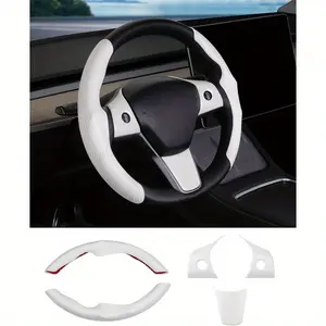Steering Wheel Cover for Tesla Model 3/ Model Y Carbon Fiber Steering Wheel Wrap Kit Anti-Slip Steering Wheel Trim Protector Sticker Decoration Interior Accessories White 5PCS