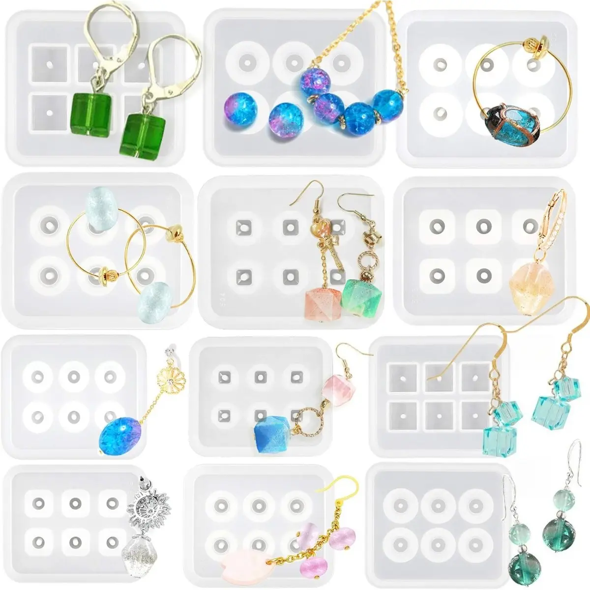 12 piece bead set silicone mold resin mold with holes for gemstone inlay jewelry casting, Epoxy Resin Silicone Mold