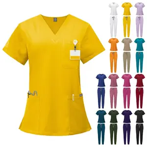 Scrubs Uniform Suit Short Sleeve V-Neck Tops & Jogger Pants Set Multicolor Women's Casual Nursing Uniform for Comfort and Work - Fitted scrubs women Womenswear Workwear Clothes Black