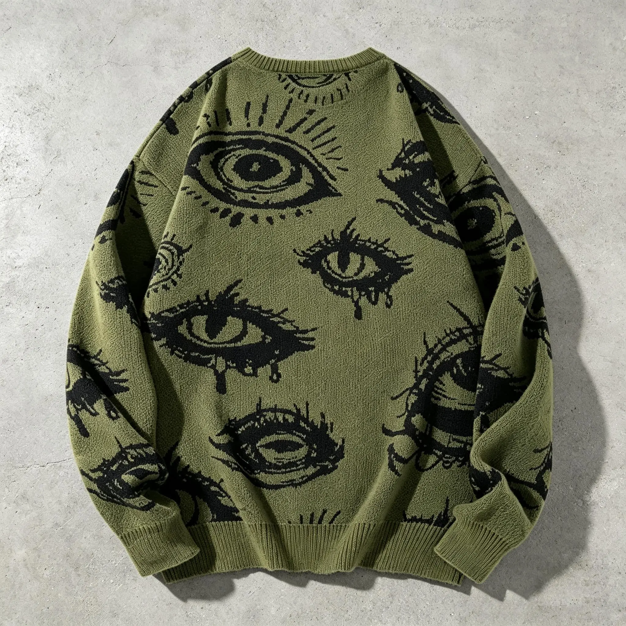 Vintage Dripping All Over Eyes Print Crew Neck Sweater for Men, Olive Green Loose Oversized Knit Pullover, Dark Grunge Streetwear Horror Eye Pattern Long Sleeve Knit Top Unisex