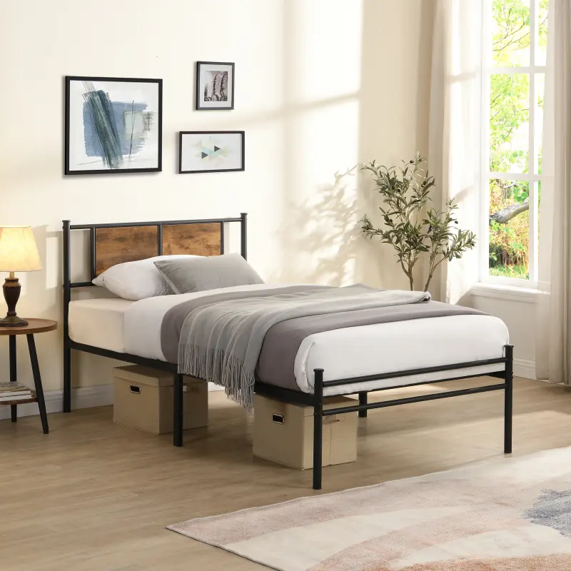 Sturdy Twin Size Wood Panel Platform Bed Frame with Headboard - 10.8in Metal Steel Structure, 300lbs Weight Capacity, Under Bed Storage, Easy Assembly Required for Home Bedroom