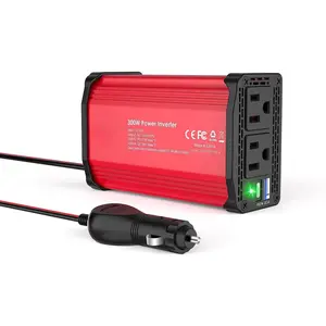 300W Power Inverter DC 12V To 110V AC, Compact Car Plug Adapter Outlet with 27W PD USB-C &18W USB-A Fast Charging, Cigarette Lighter Adapter Car Charger for Phone, Laptop on Road Trip for Gifts for Men - Red