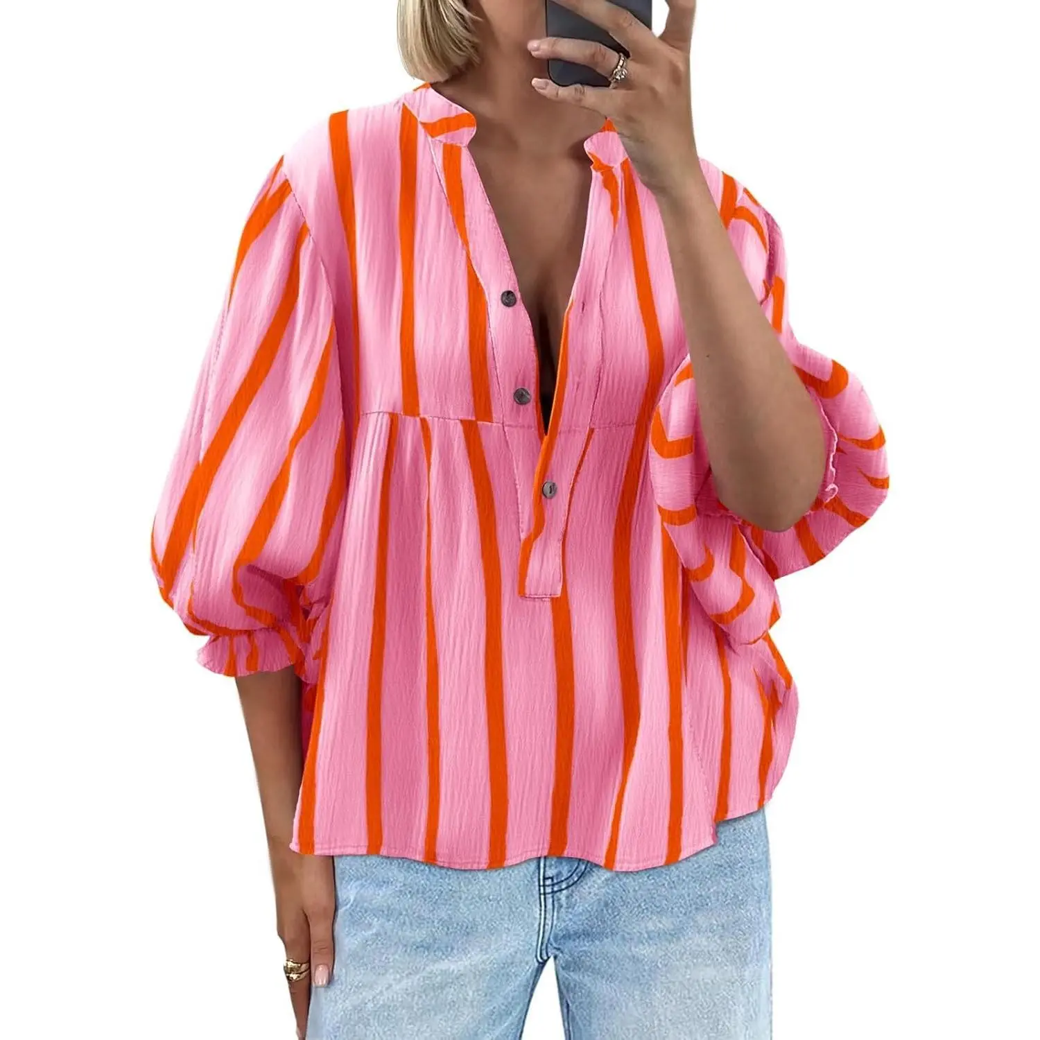 Imily Bela Womens Puff Sleeve Babydoll Tops Summer V Neck Striped Blouse Cute Casual Loose Fit Flowy Shirts