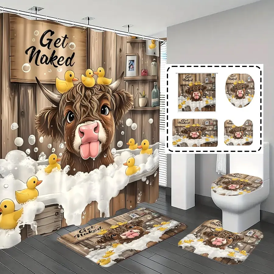 1pc/4pcs, bathroom shower curtains, bathroom set, shower curtains, bathroom decor, bathroom rug, Home Decoration, Home Goods, bathroom mat, Little Yellow Duck and Calf Pattern, with 12 hooks, Shower Curtain Sets