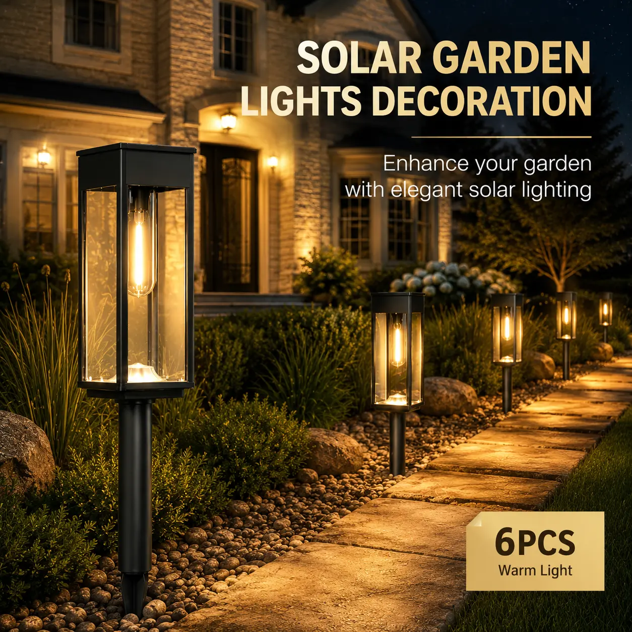 6PCS Modern Solar Pathway Lights, Elegant Outdoor Garden Lights with Auto On/Off, IP65 Waterproof Solar Landscape Lighting for Yard, Walkway, Driveway & Patio