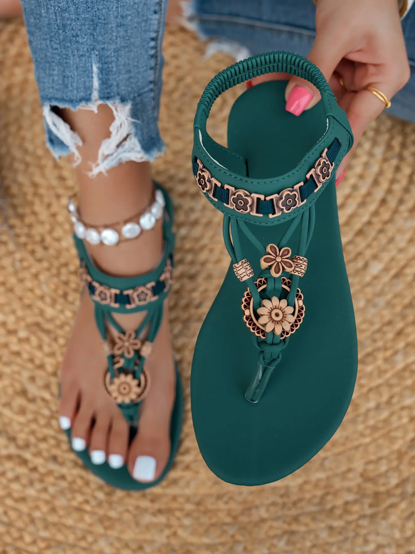 Women's Fashionable Gladiator Sandals, Boho Style Rhinestone Decorated Sandals for Beach Vacation, Casual Versatile Slingback Sandals for Summer, Bohemian Sandals, Boho Shoes, Footwear