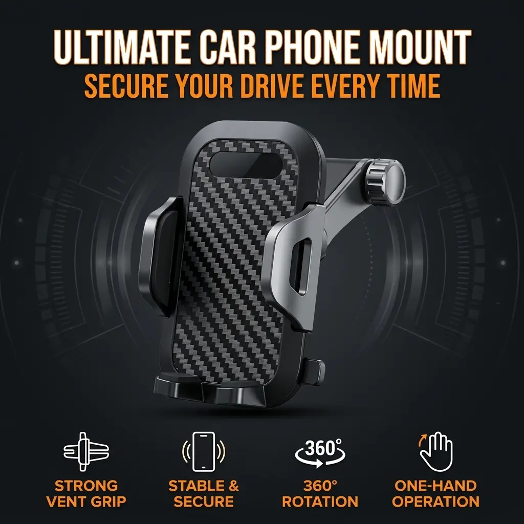 Car Phone Mount, Universal Car Phone Holder for Dashboard Windshield Air Vent