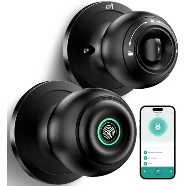 Smart Fingerprint Door Lock with App Control & Key, Keyless Entry Door Lock, Biometric Fingerprint Door Knob, Electronic Door Lock for Front Door, Bedroom, Home, Office & Apartment, Matte Black