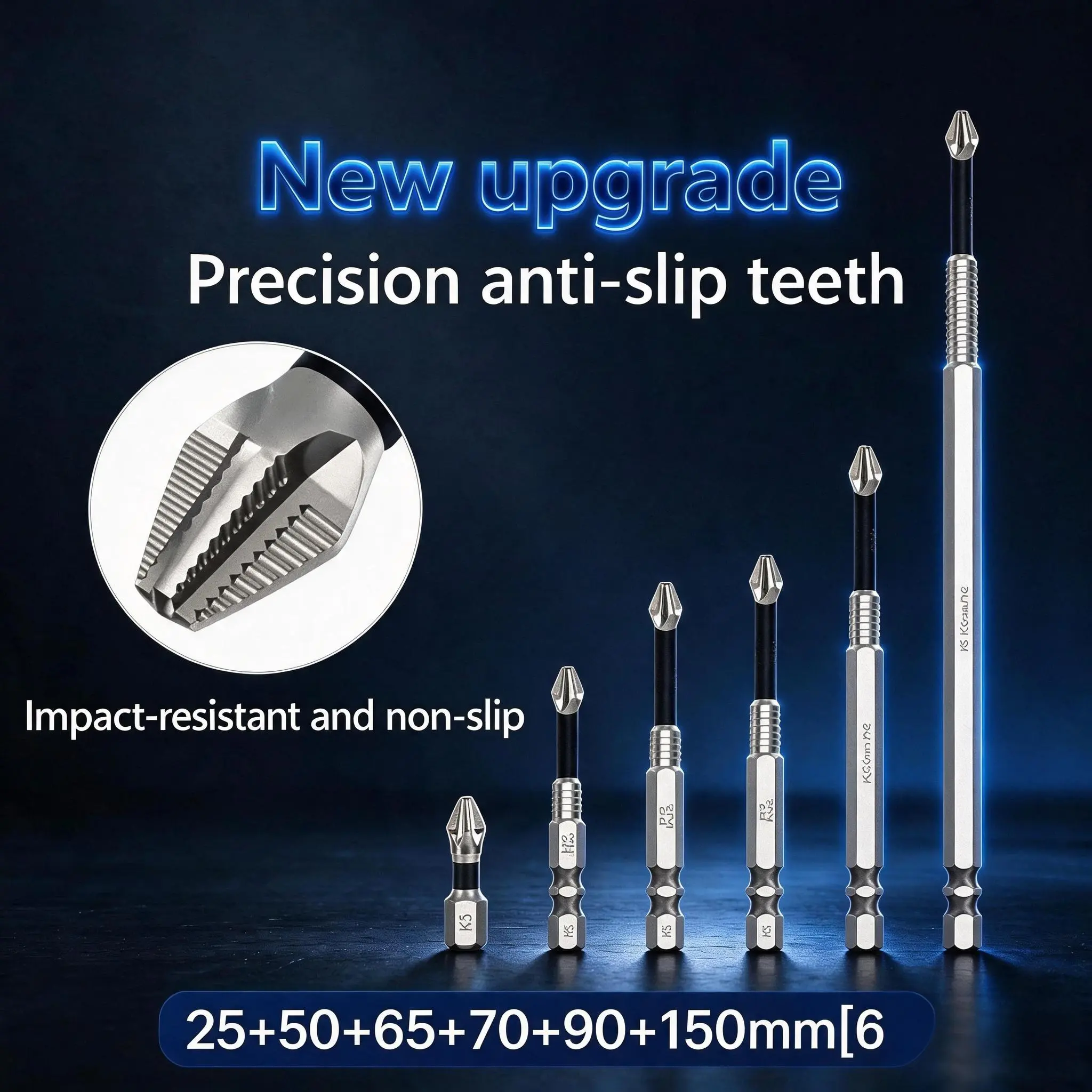6-Pack Impact Rated Phillips #2 Screwdriver Bits, K5 Alloy Steel HRC62, Anti-Slip Teeth Design, Strong Magnetic, 6 Lengths 25-150mm-10