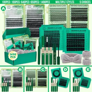 Lashsun 1490 PCS Lashes Clusters Set, Eyelash Extensions Set D Curl 11 Styles Bottom/Spike/Wispy/Volume Lashes, Kit with Bond&Seal Lash Remover Tweezers Headband&Wristband, Perfect for Beginners&Pro, DIY at Home Easily, Easy Apply for Makeup Daily