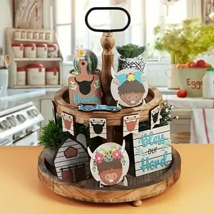 Cow & Farm Themed Tiered Tray Decoration Set, 15pcs/set Wooden Ornament with Rope & Card, Home Decor for Living Room Bedroom Kitchen