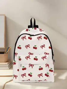 Cherry Pattern Backpack, Cute Backpack, Kawaii Backpack, Casual Printed Backpack, Casual Versatile Zipper Backpack for Women & Girls, Fashionable Backpack for Daily Use