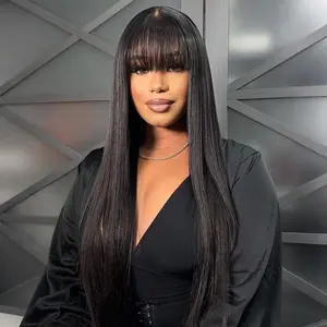 STERLY Glueless Human Hair Wig with Bangs 180% Density 2x4 lace Closure Wigs Middle Part Lace Wig Loose Body Wave Machine Made Wigs for Women Yaki Straight Front Wig Brazilian Hair Wigs HD Transparent Lace Wigs