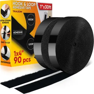Hook and Loop Tape Roll with Heavy Duty Adhesive Industrial Strength Easy to Cut, Strong Hook and Loop Strips with Sticky Back, Black 1 Inch x 30 Feet