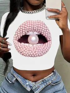 Women's Pearl Mouth Design Round Neck Tee, Fashion Casual Crew Neck Short Sleeve T-shirt for Daily Holiday Vacation Outdoor Wear, Ladies Clothes for Summer, Top