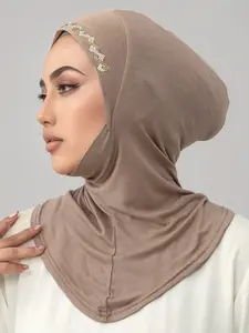1pc Women's Plain Rhinestone Neck Hat Turban Hijab for Ramadan Eid, Soft Windproof Scarf for Daily Prayers and Outings, Easy to Wear