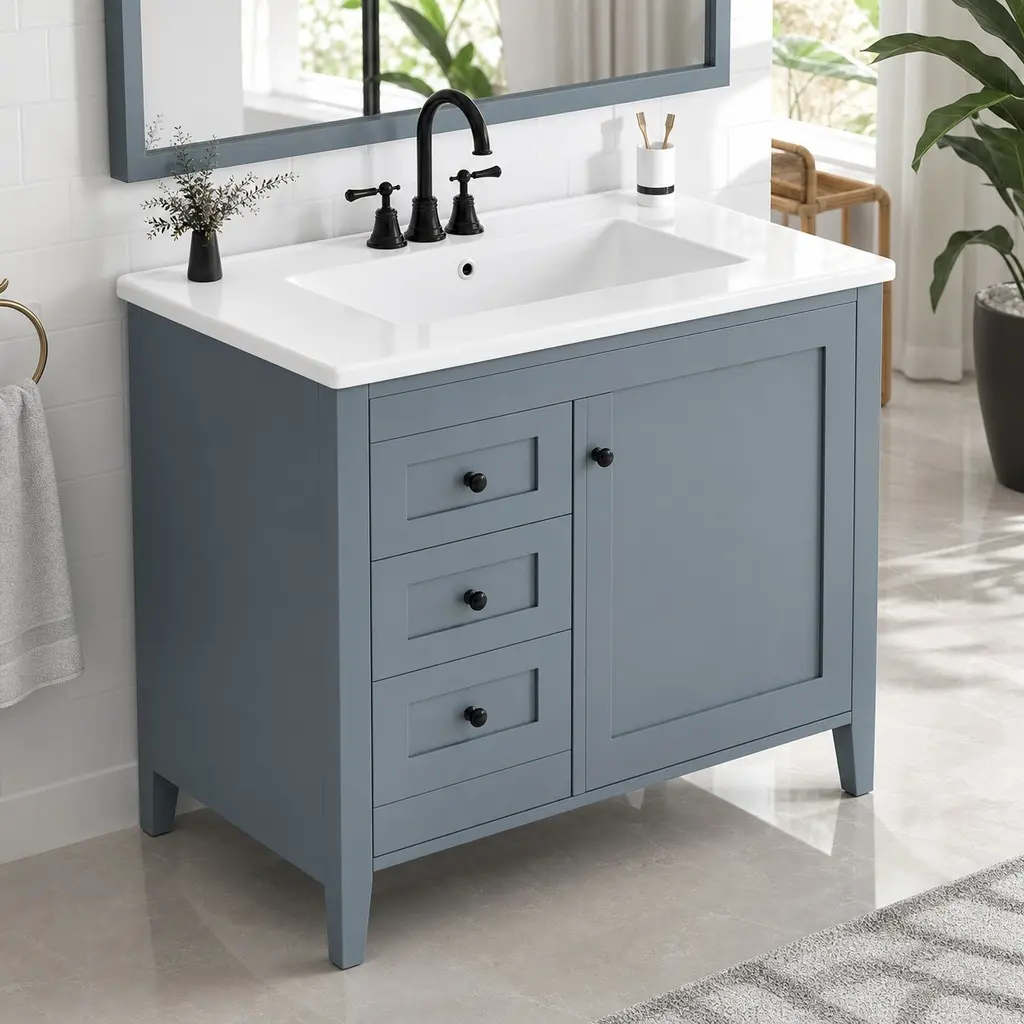 30-Inch Blue Gray Bathroom Vanity with Sink, Modern Freestanding Floor Cabinet, Solid Wood and MDF Construction, 3 Drawers and Adjustable Shelf, Glossy Finish, for Bathroom Storage and Organization, Blue Gray Color Options, Solid Wood+MDF Materi
