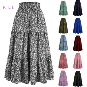F.L.L-Floral Maxi Skirt for Women Summer Comfy Tiered Elastic High Waisted Skirts Vacation A-Line Flowy Swing Long Skirts Womenswear Black