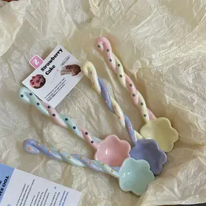 Cute Long Ceramic Spoon Set, Candy Color Glazed Cartoon Dessert Spoons, Irregular Handle Design, Fresh Dining Utensils, Ice Cream Yogurt Scoops, Dinnerware Utensils