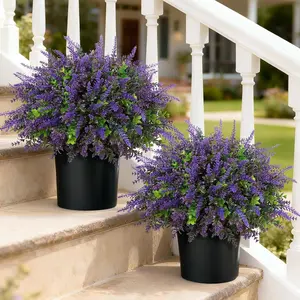 2 Sets Artificial Eucalyptus & Lavender Topiary Trees for Front Door - Faux Lavender Potted Topiary Trees, UV Resistant Fake Outdoor Plants for Farmhouse Porch Garden Decor flower bouquets