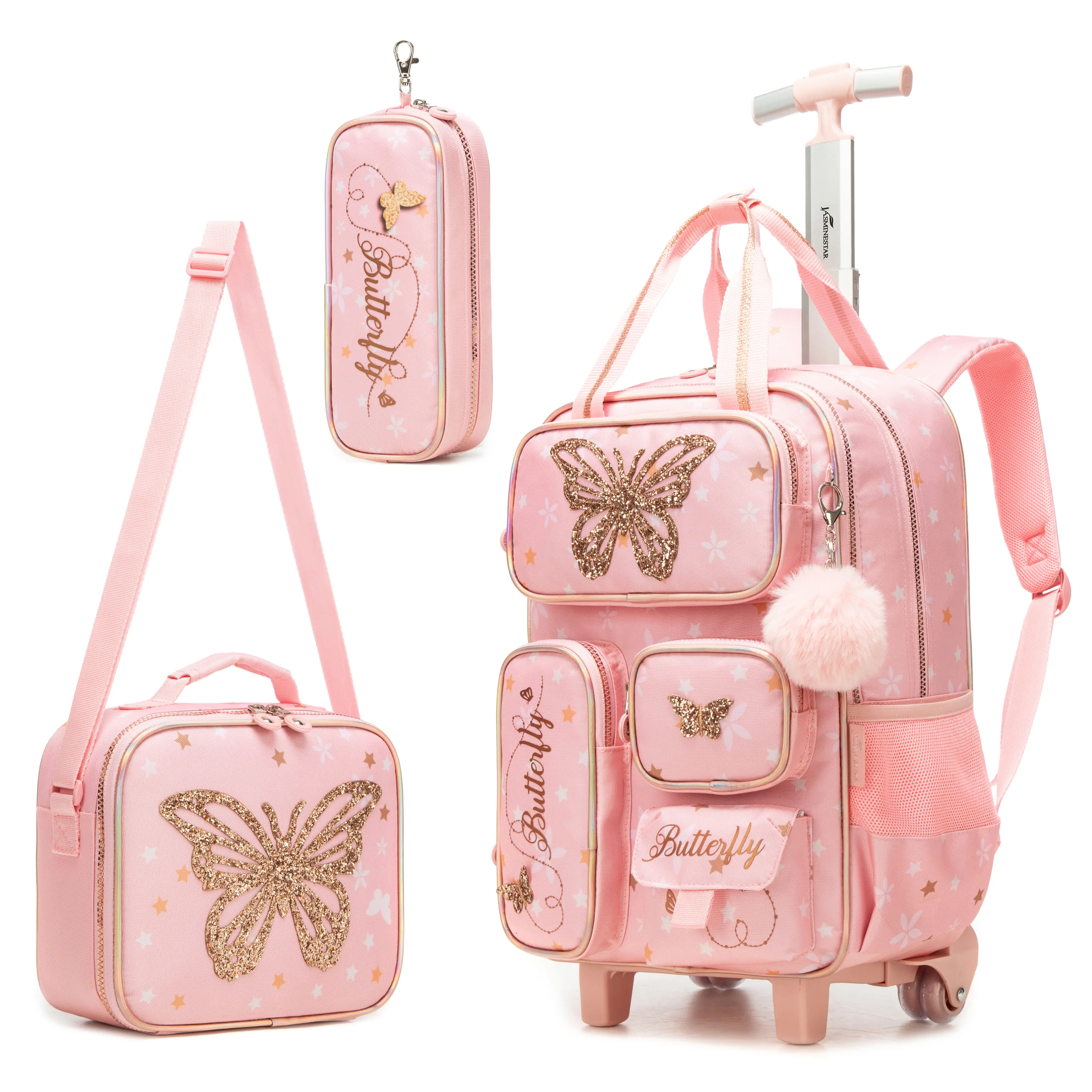 Girls Glitter Butterfly Rolling Backpack, 3-Piece School Set with Insulated Lunch Tote and Pencil Case for Kids, Girly Fun Backpacks, Colorful Playful Backpacks