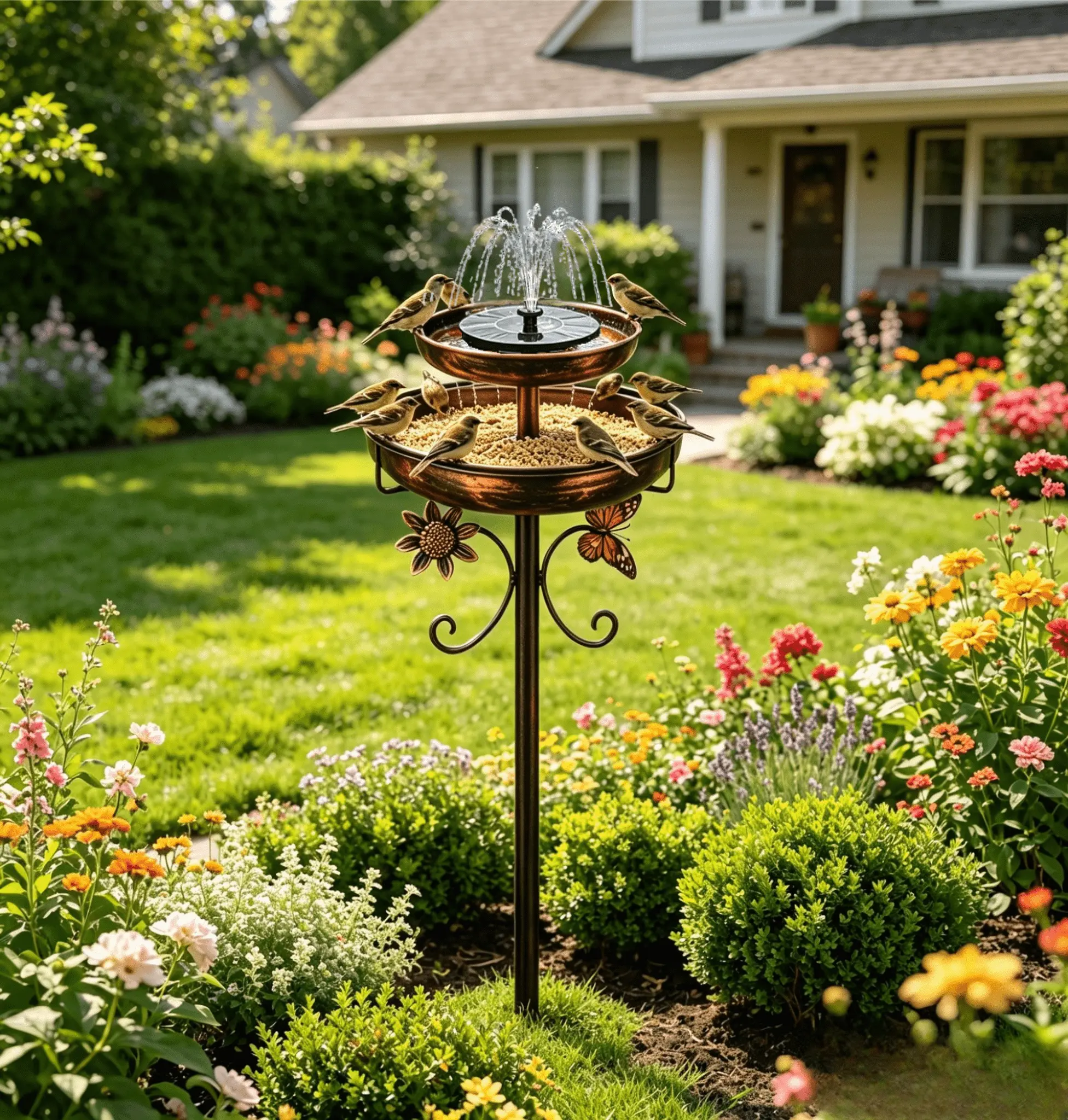 2-Tier Solar Fountain & Feeder Combo - Freestanding Garden Decor for Landscape, Ideal for Finches, Money-Saving Gift (Fountains & Bird Baths Category)