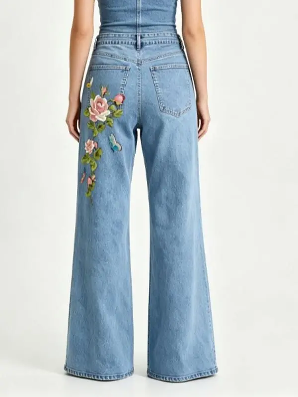 Women's Bohemian Bell Bottoms Jeans - Direct-Inject Print Blush Pink Rose Butterfly Pattern, Casual Style Loose Fit Light Wash Denim Fabric Pants, Printed Roses, Aesthetic