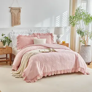 Tufted Ruffle Duvet Cover Set Queen Size, 3 Pieces Vintage Farmhouse Ruffled Duvet Cover with Zipper Closure, Luxury Boho Bohemian Bedding Set (Pink, Queen)