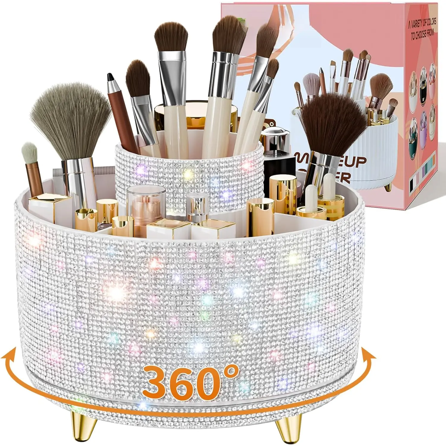 Bling  Makeup Brush Holder, 360? Rotating Makeup Organizer, 5 Slot Make up Brushes Cup for Countertop, Storage for  Pen Eyeliner Skincare on the Vanity ( white)